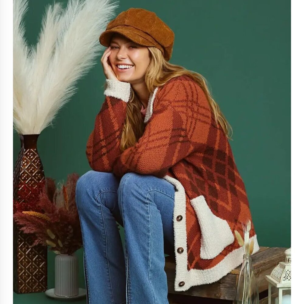 NWT Umgee+  Oversized Lightweight Pockets Casual Sherpa Accented Autumn Sweater